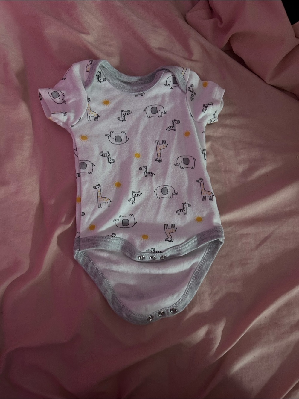 Pink Animal-Print Baby One-Piece Bodysuit with Gray Trim